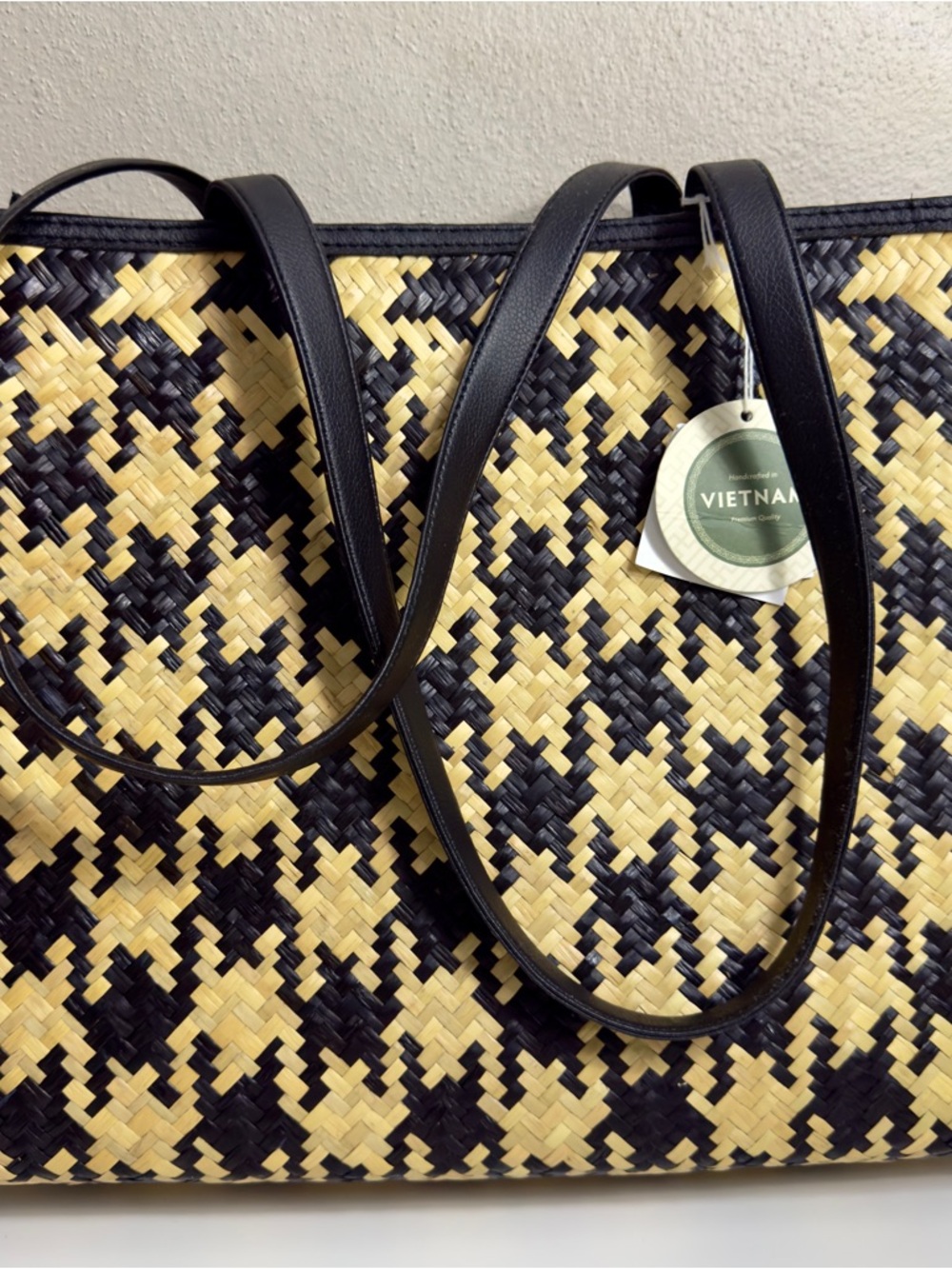 Handwoven Straw Tote in Natural & Black with Black Straps